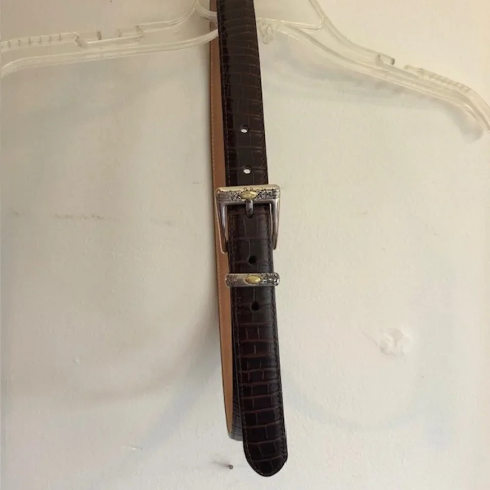 TALBOTS Crocodile Print Brown Western Silver Scroll Buckle Belt Large